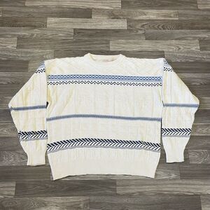 Vintage The Fox Collection Knit Sweater Men’s Large White Striped Hipster 90s